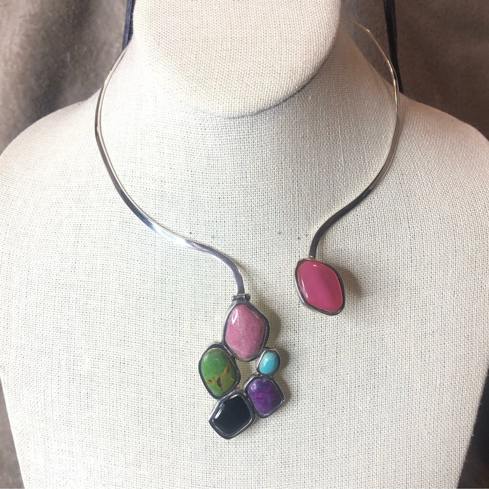 BARSE Sterling Silver Multicolor Gemstone Open Collar Necklace